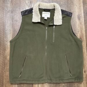 Orvis Vest Green Fleece Sherpa Collar Faux Leather Trim Country Full Zip Men XL